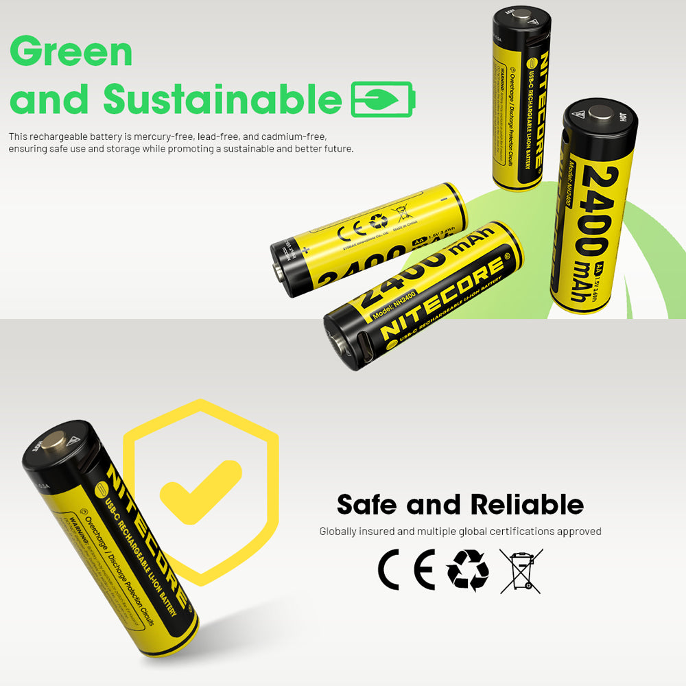 Nitecore Li Ion Rechargeable Aa Battery 2400 Mah 1.5 V 4 Pack Kit