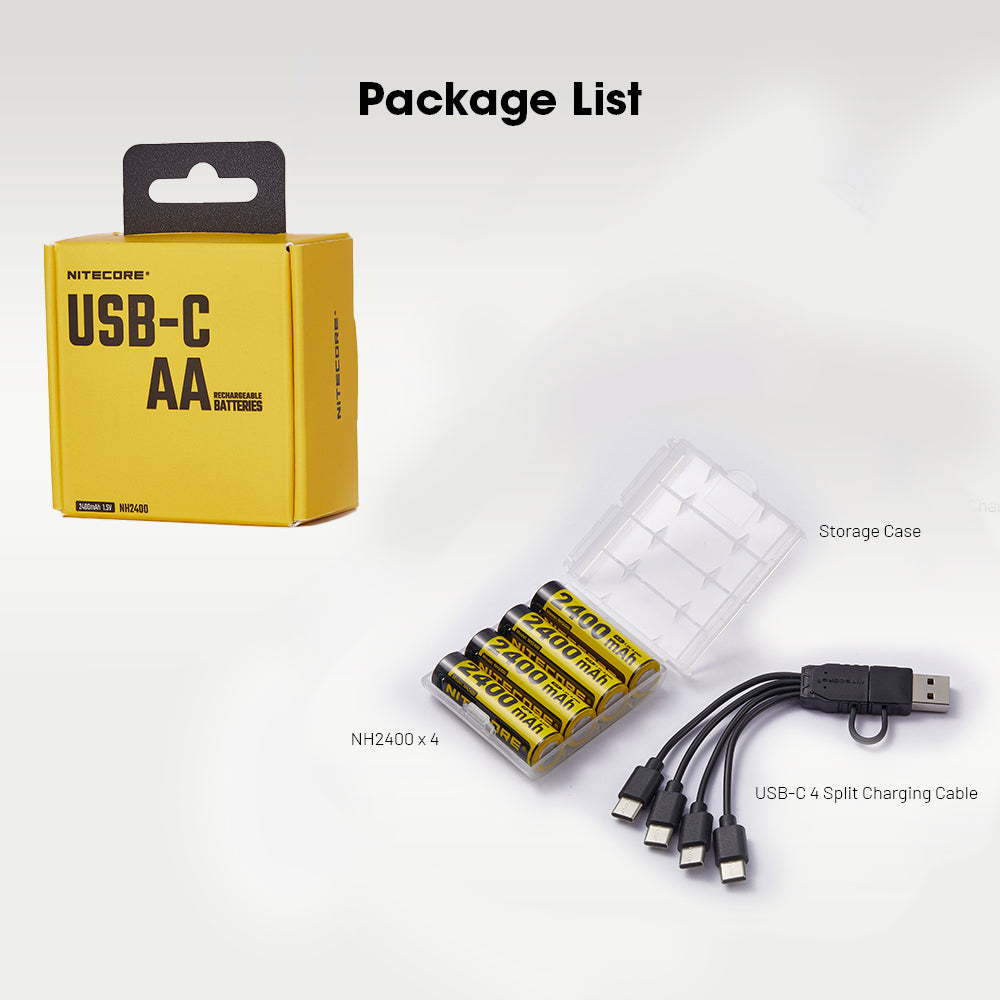 Nitecore Li Ion Rechargeable Aa Battery 2400 Mah 1.5 V 4 Pack Kit