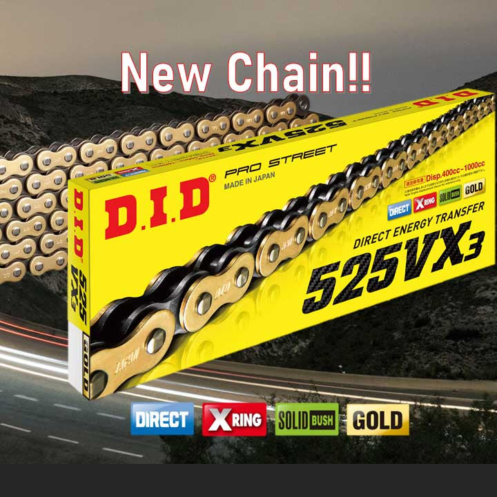 525VX3 x 108ZB ZJ X'Ring Gold- solid bush DID chain w/rivet Open box