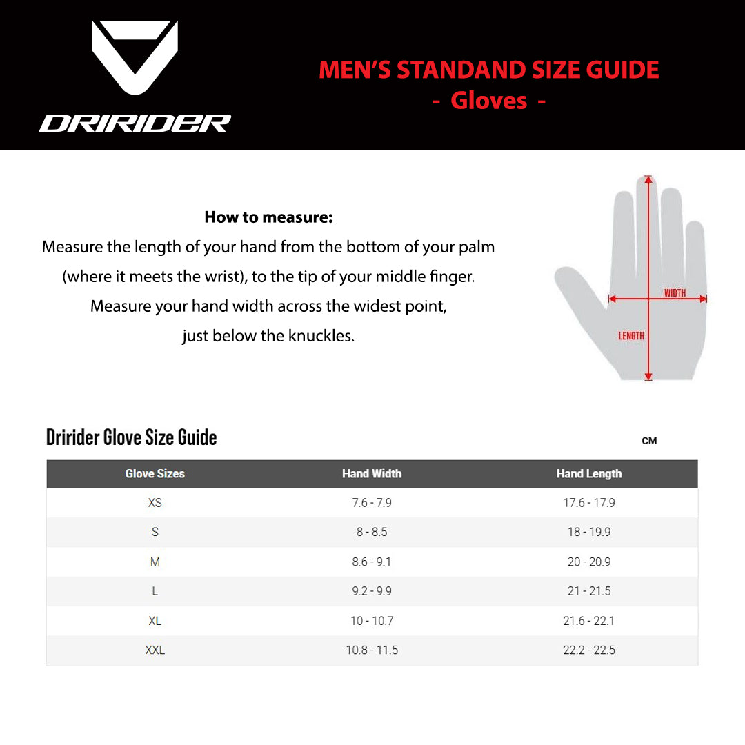 DRIRIDER Size Chart - Mens Gloves