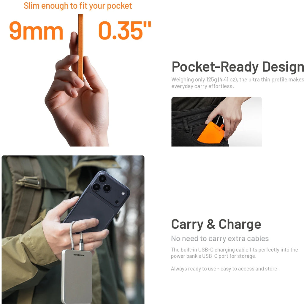 NITECORE 5,000MAH MAGNETIC ULTRA THIN POWER ALLOY BANK BUILT-IN USB C ORANGE