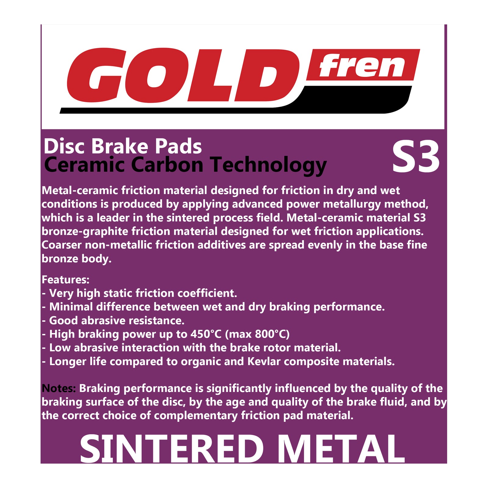 BRAKE PADS GOLDFREN SINTERED SPORTS GF274 - S3 ( PH339 )