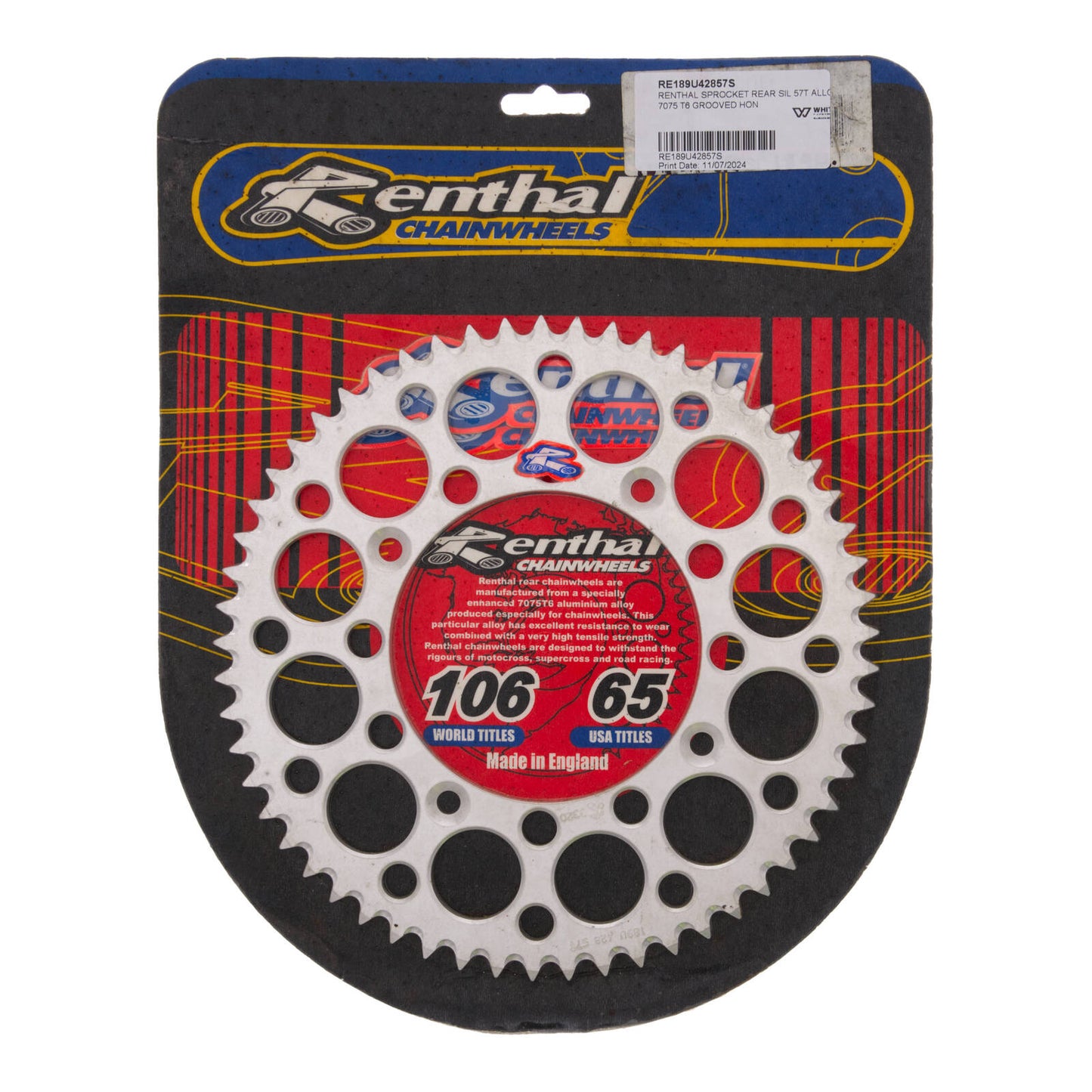 Renthal Sprocket Rear Silver 57t Alloy 7075 T6 Grooved Honda