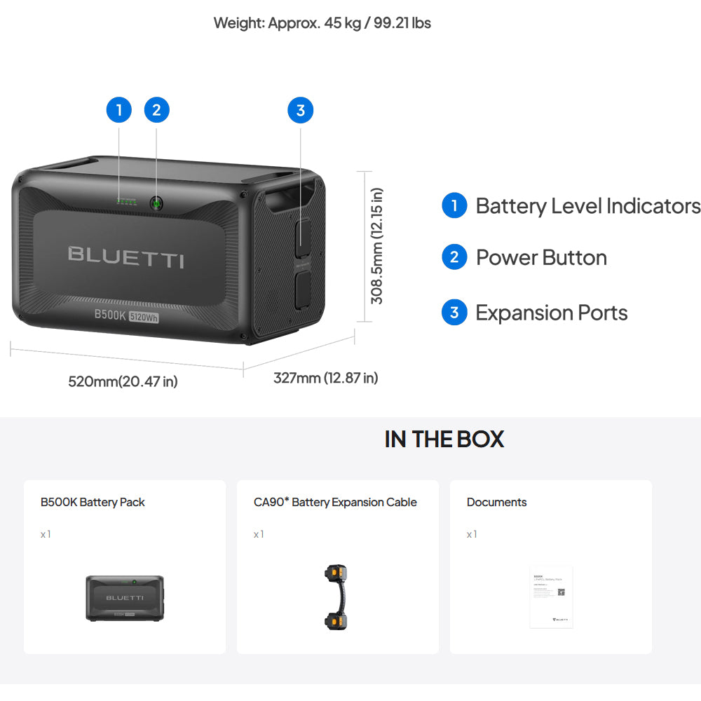 BLUETTI B500K EXPANSION BATTERY & USB/12VDC POWER STATION | 5120WH