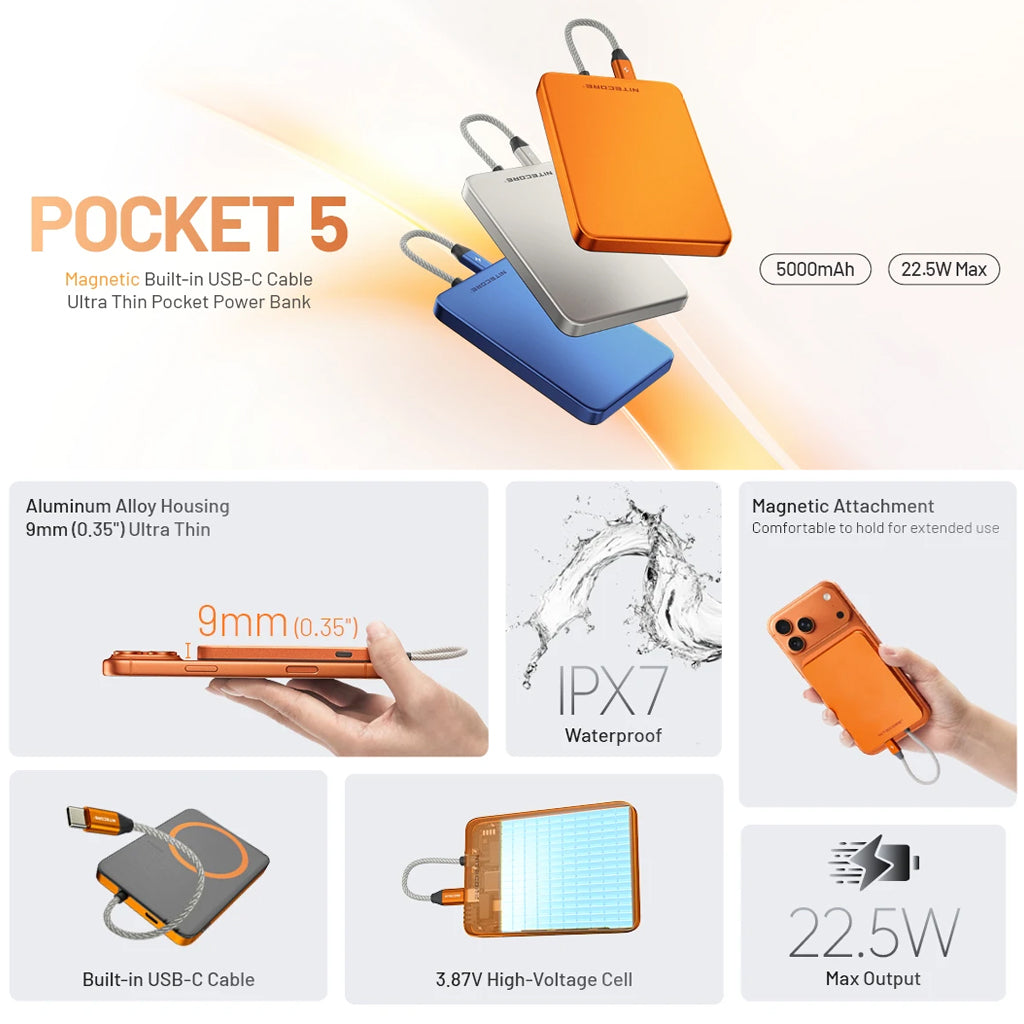NITECORE 5,000MAH MAGNETIC ULTRA THIN POWER ALLOY BANK BUILT-IN USB C ORANGE