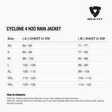 Size chart for REVIT Cyclone 4 H2O Rain Jacket