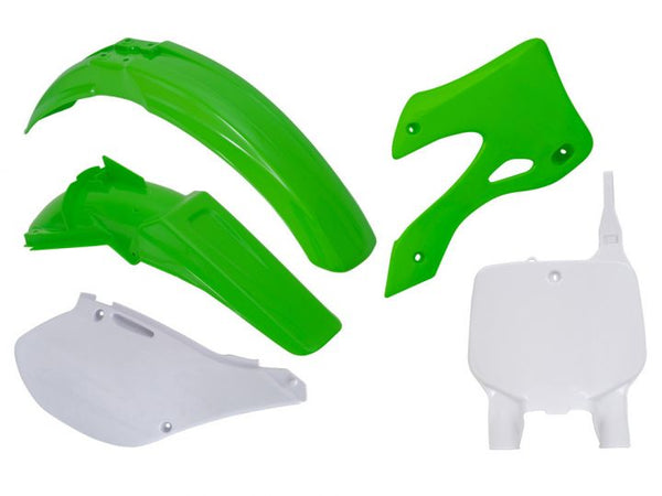 PLASTIC KIT RTECH FRONT & REAR FENDERS SIDEPANELS & RADIATOR SHROUDS& FRONT NUMBERPLATE KX125 KX250