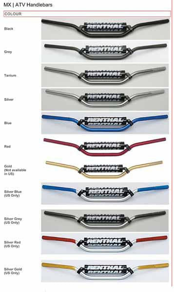 Renthal 7/8th ATV and offroad handlebars are available in a range of colours - not all available for the New Zealand market and varies with bends